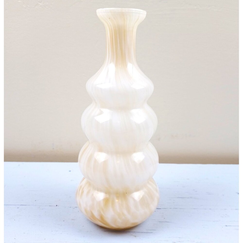 Vintage Hand-Blown Glass Vase With Swirled Ivory & Cream Pattern